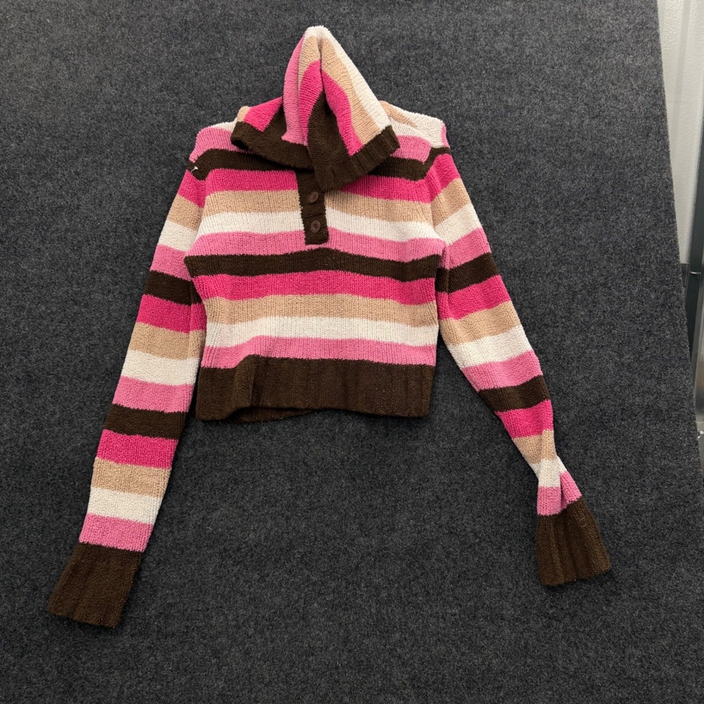 Aeropostale Womens XL Pink Brown Striped Chenille Cropped Hoodie Sweater Y2K